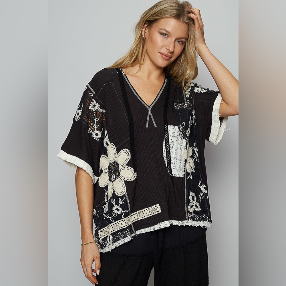 #280. Edgy Crochet Lace Hoodie Top - Black